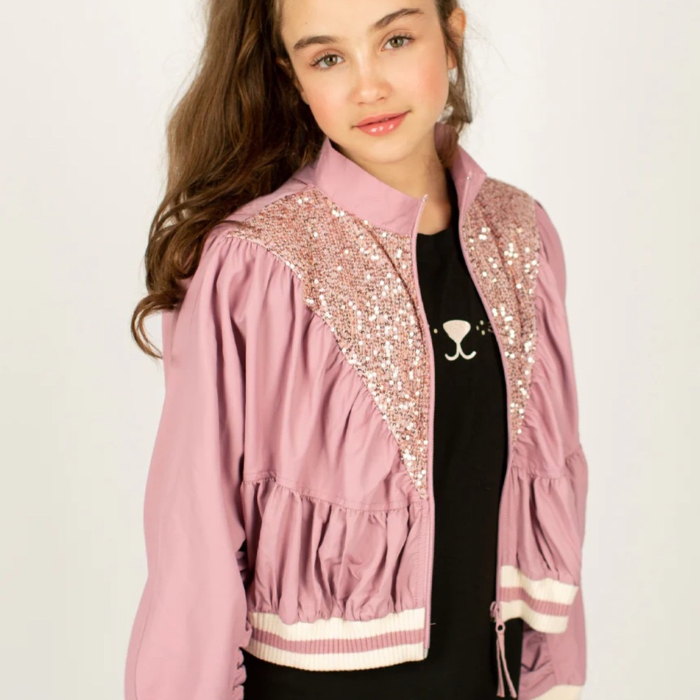 Mia Joy Girls’ Sequin Ruffle Jacket | Mauve Cropped Zip-Up | Size 14